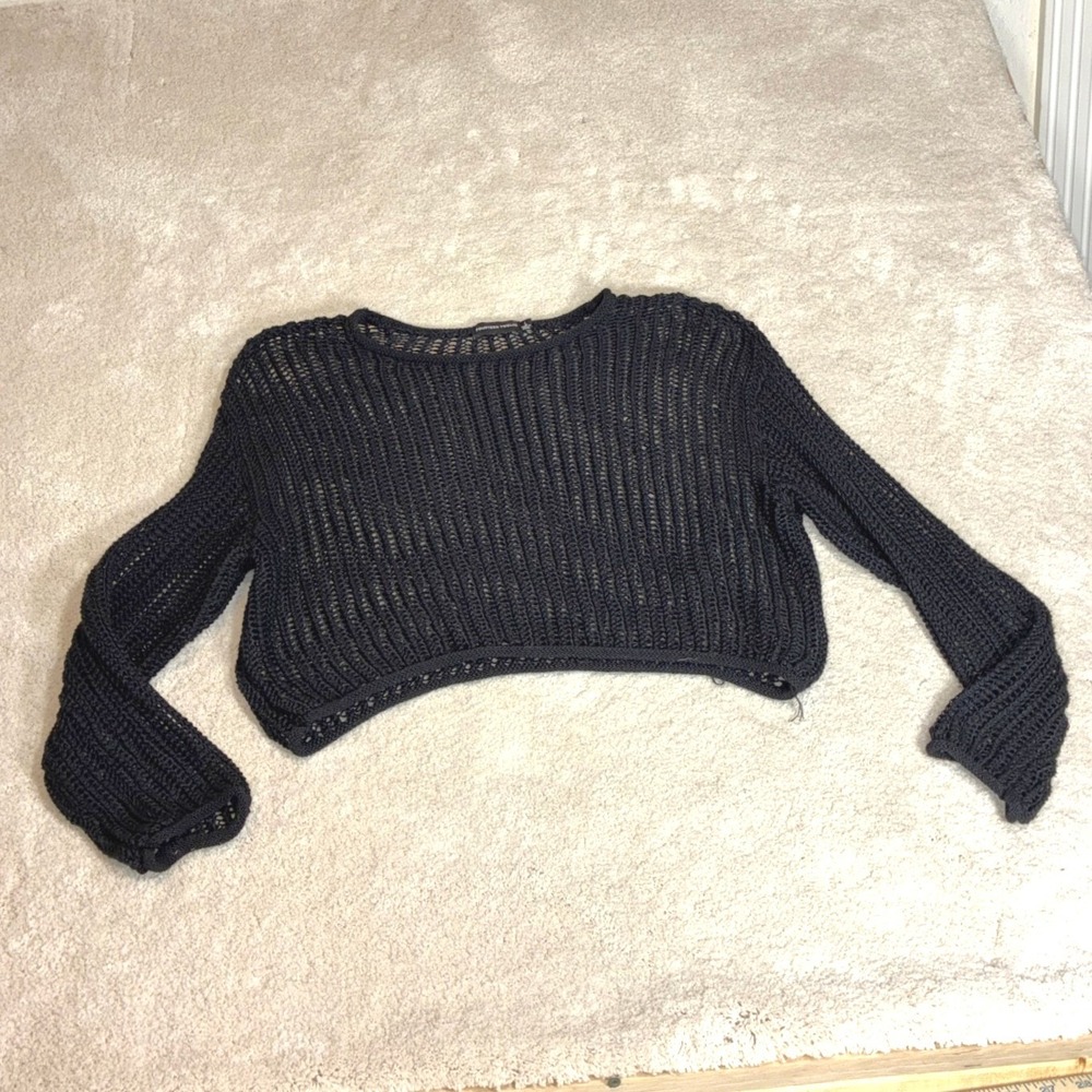 Fourteen Twelve Black Open Knit Sweater - L - Cropped Crochet  Gothic/Grunge